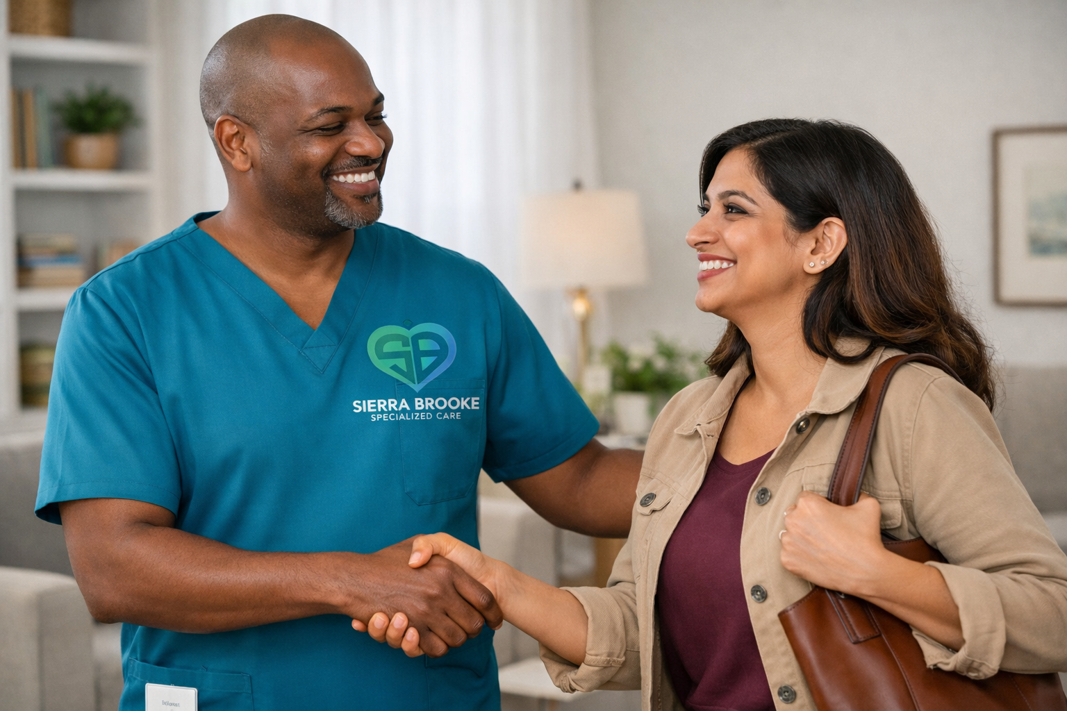 caregiver shakes hands with a client