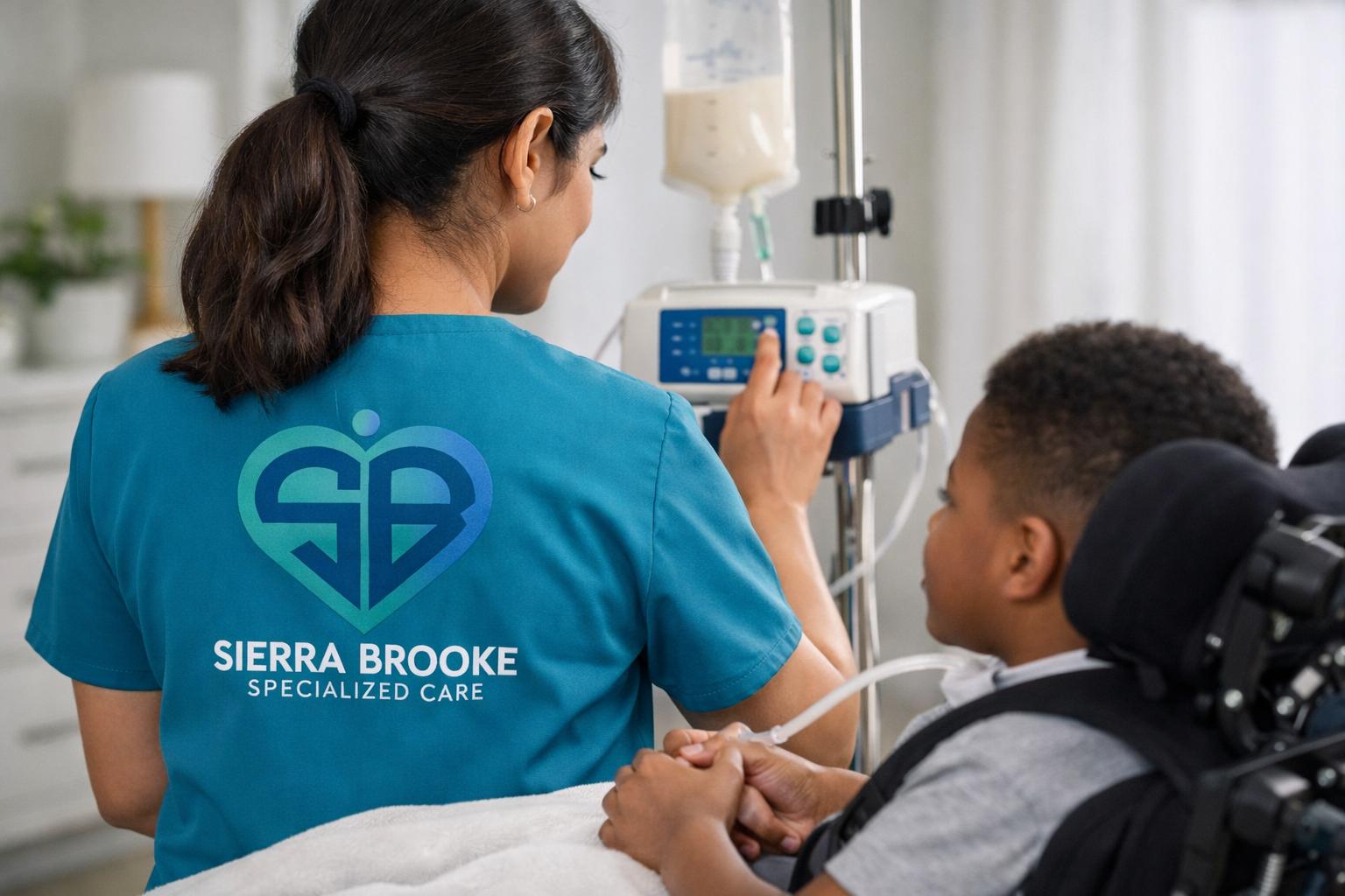 a nurse adjusts the settings on a pump while a child in a wheelchair watches
