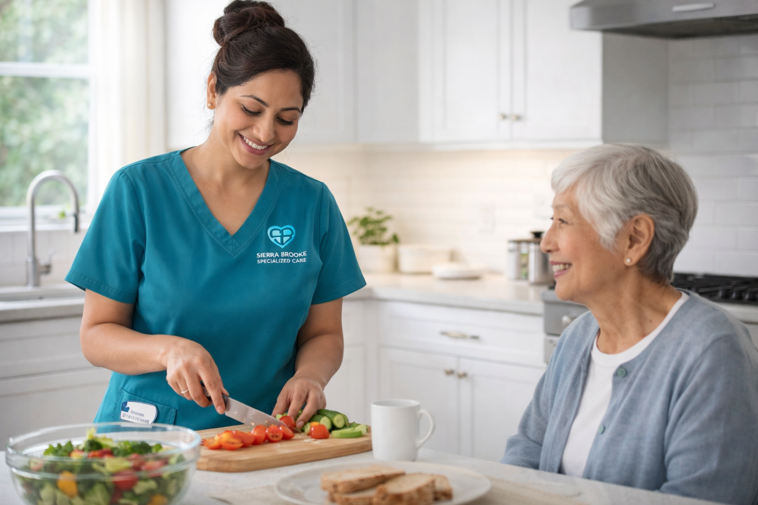 a caregiver chops vegetables in the kitchen while an elderly woman sits beside her