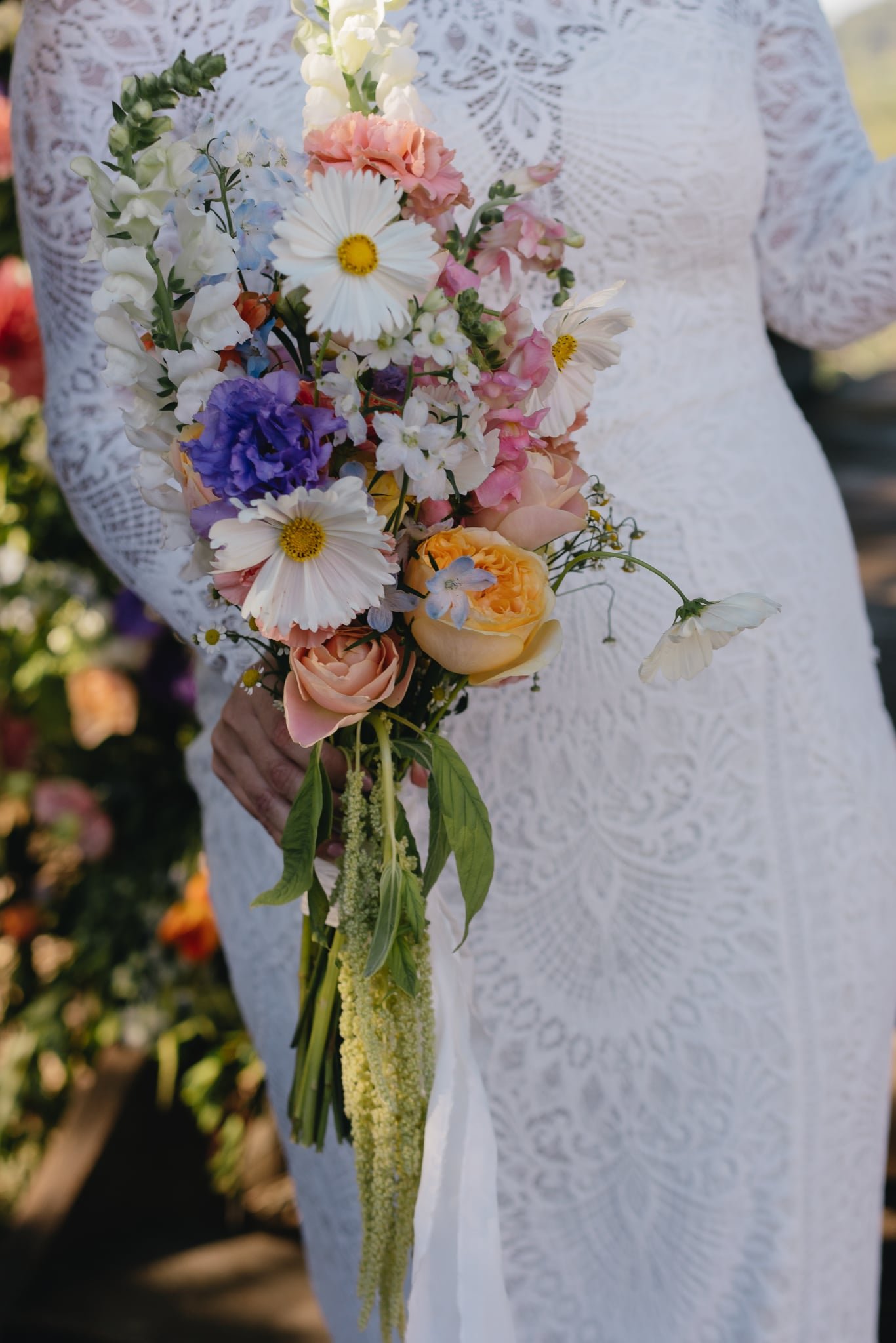 Megan & James Wedding Flowers in front of Megan's Wedding Dress - Flowers by Salt & Bloom Co