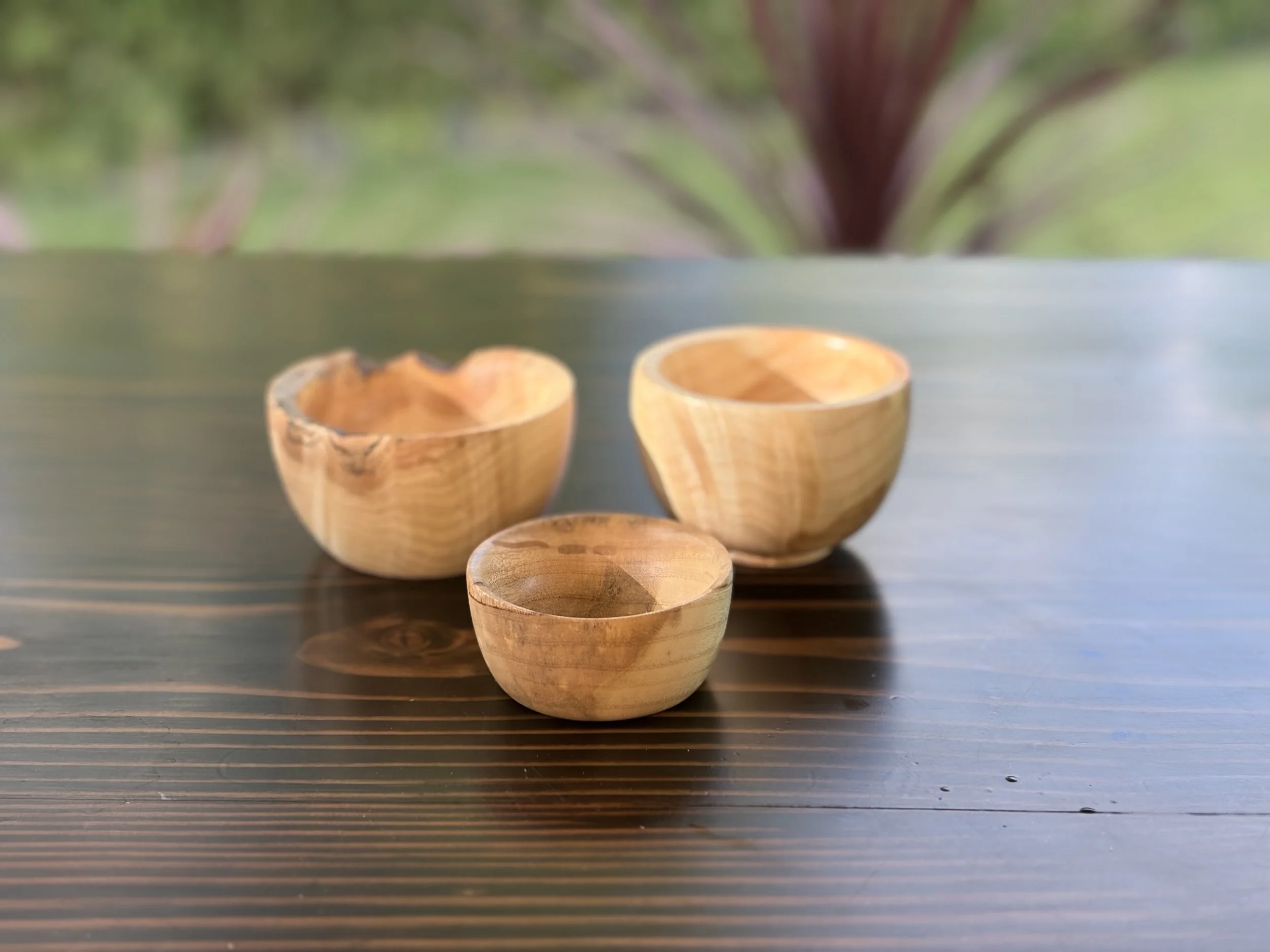Three small wooden bowls with a smooth finish sit on a dark wooden surface with visible grain patterns. The background is blurred with shades of green and hints of reddish-brown, suggesting plants or outdoor scenery.