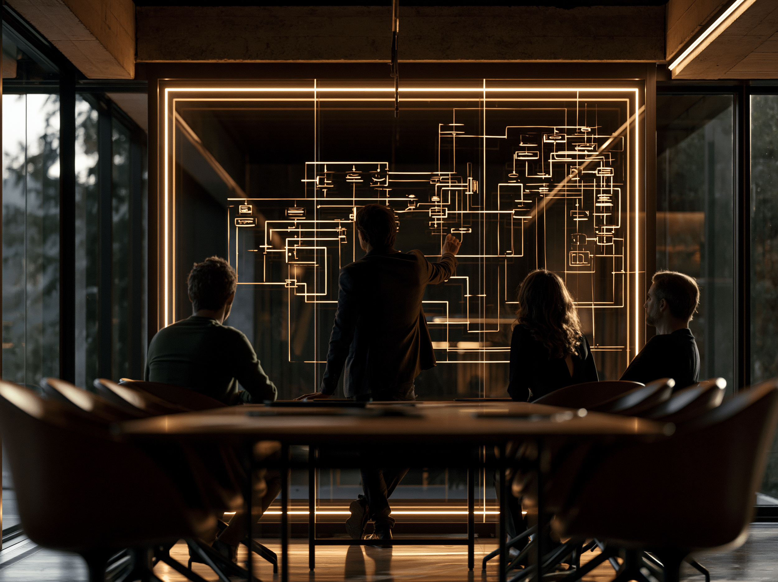 A team studying a large illuminated process map together in a darkened conference room.