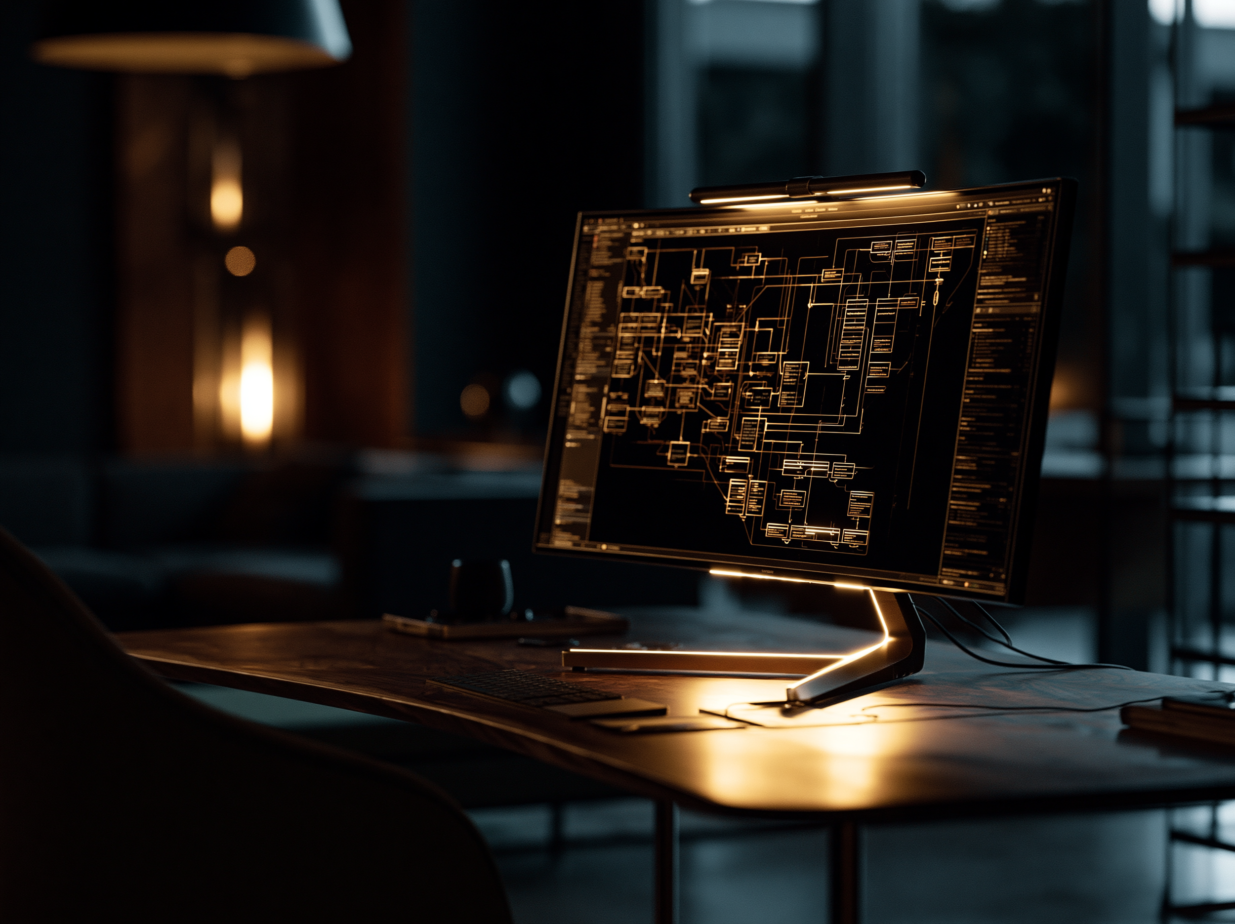 A monitor on a desk displaying a detailed process flow diagram in a dim office.