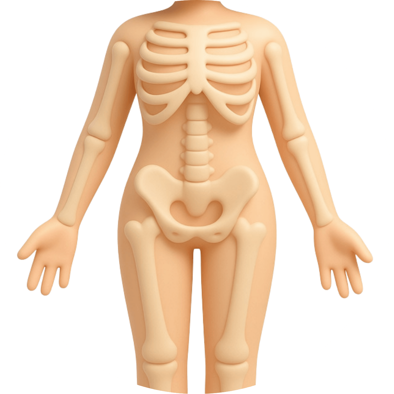 Modelo anatómico que muestra los huesos del esqueleto humano en el torso y las extremidades inferiores y superiores.