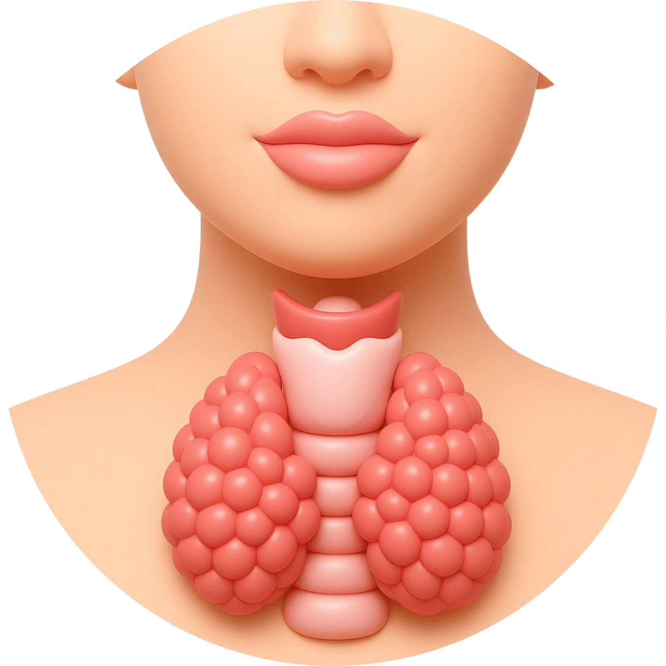 Ilustración 3D del cuello humano con tiroides y glándulas paratiroides expuestas.