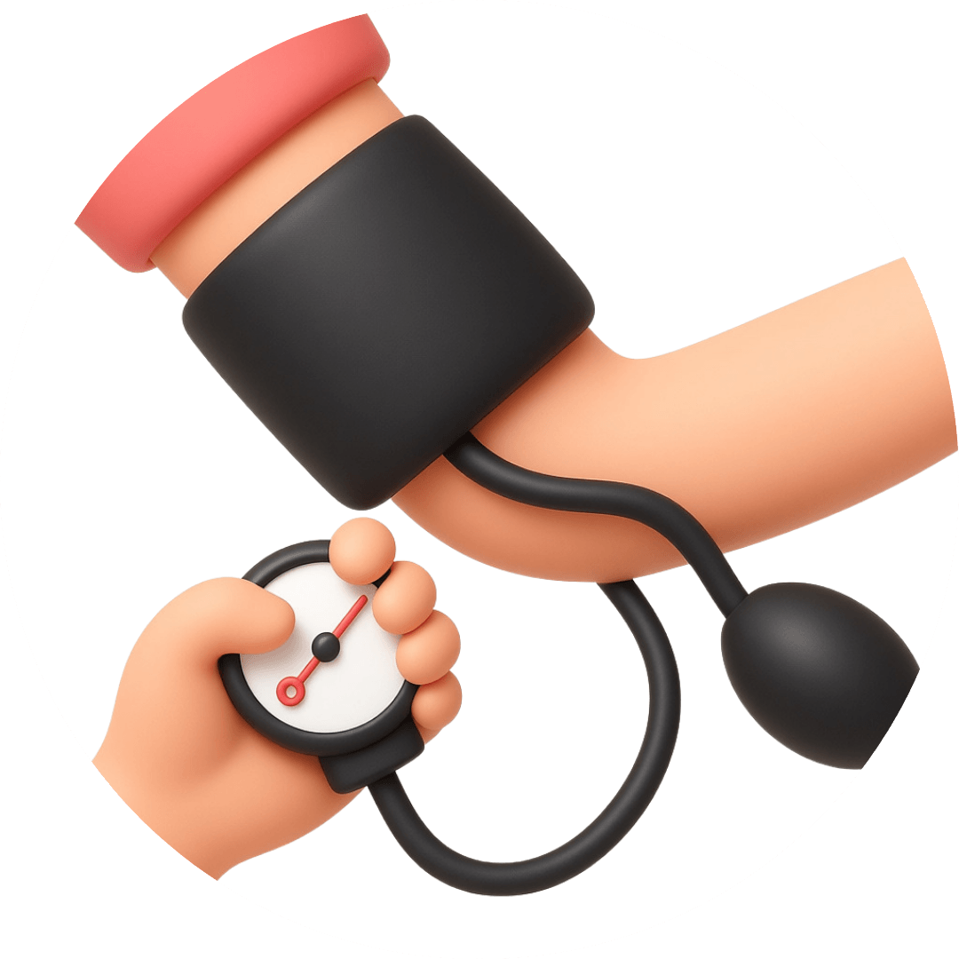 Ilustración de un brazo con un esfigmomanómetro, manómetro y tubo para medir la presión arterial.