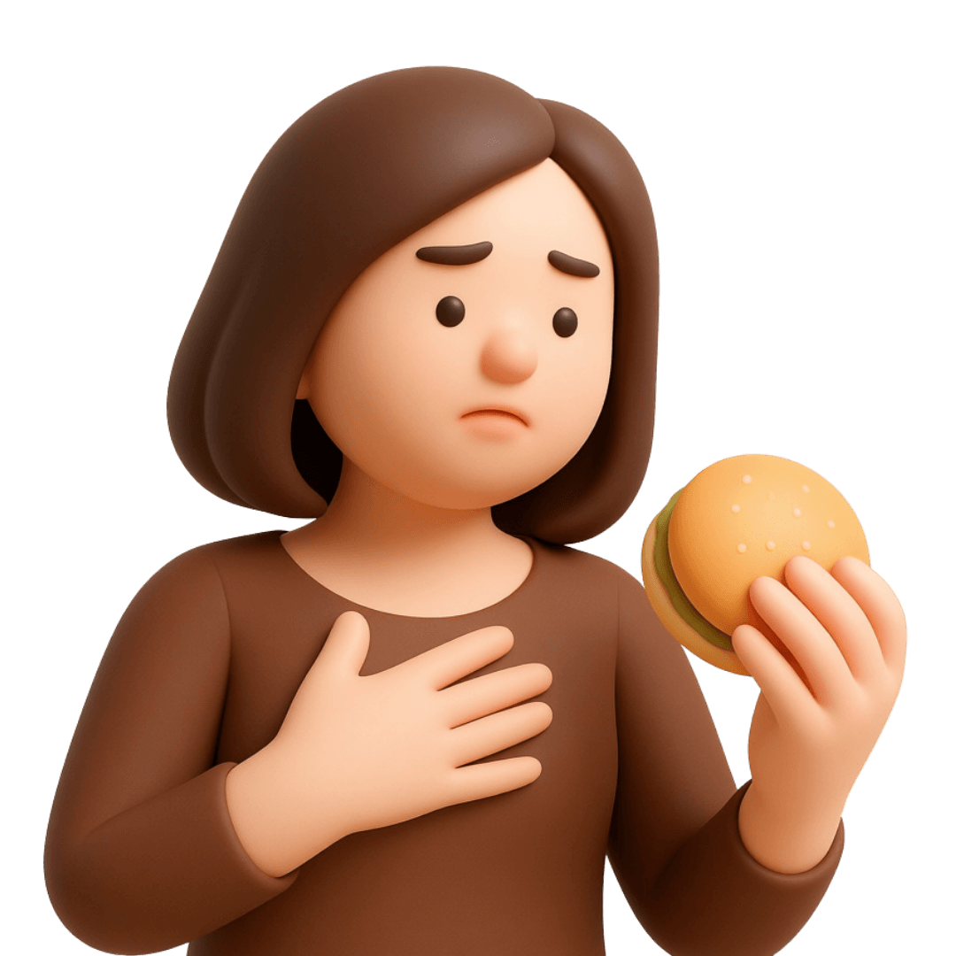 Ilustración de una mujer con expresión de preocupación sosteniendo un sándwich en una mano y tocándose el pecho con la otra en señal de que siente dolor al tragar.