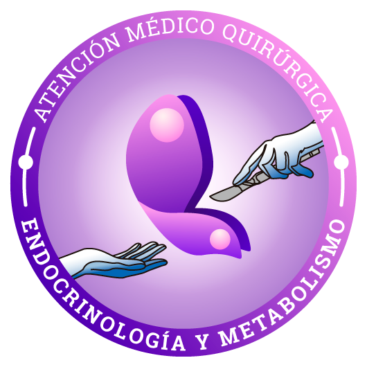Logotipo con una mariposa, una mano sosteniéndola y otra señalándola con un bisturí, con anillo textual que dice 'Atención Médico Quirúrgica Endocrinología y Metabolismo'.