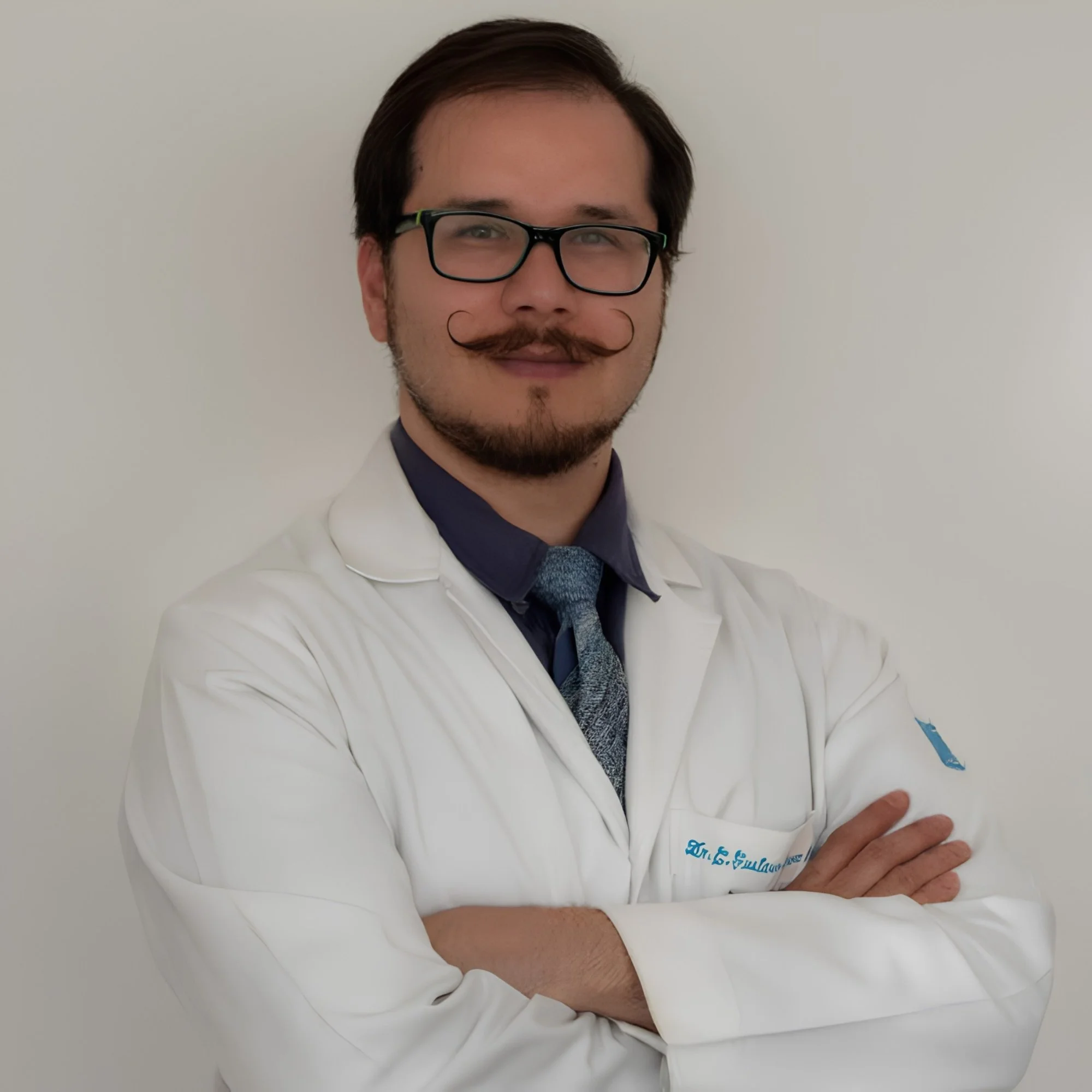 Dr. Carlos Gustavo Rivera Robledo vistiendo bata blanca y corbata azul, posando con brazos cruzados frente a una pared blanca.