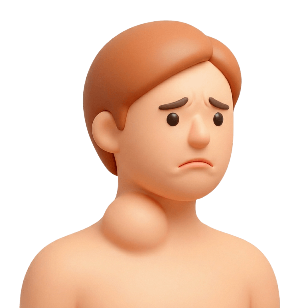 Figura 3D de un hombre con expresión triste y un bultito en el cuello.