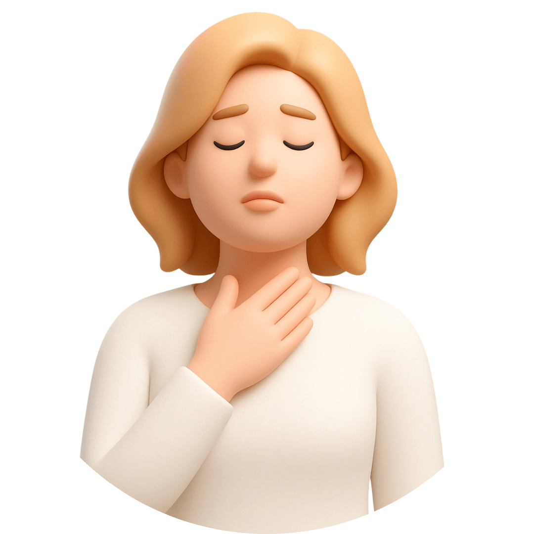 Ilustración de una mujer con expresión de dolor o incomodidad tocándose la garganta.