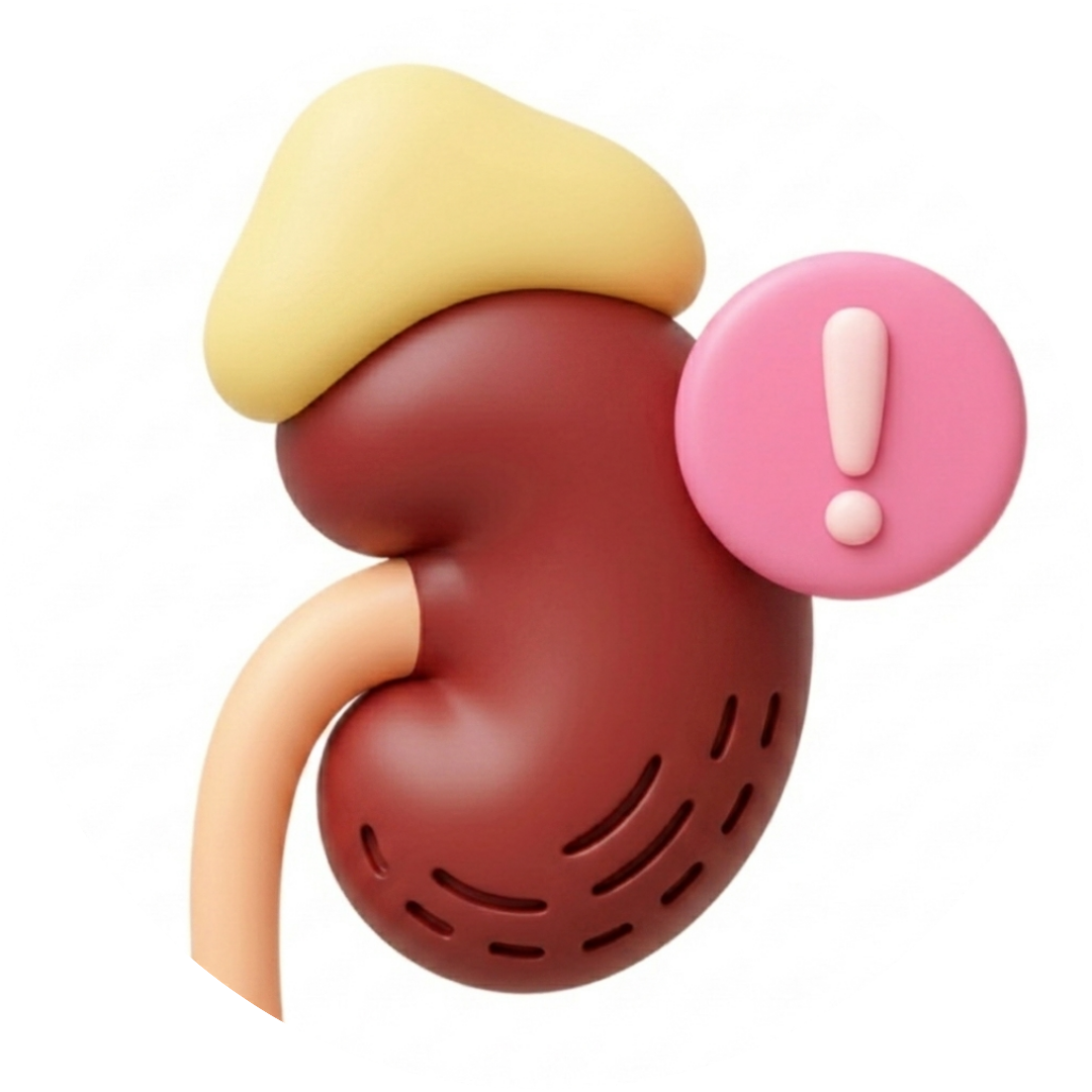 Ilustración digital de un riñón con un signo de exclamación rosa, resaltando un posible problema de glándulas adrenales.