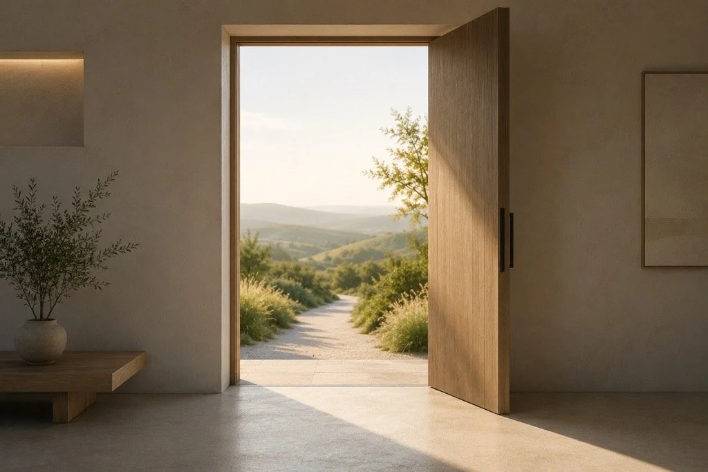 Interior view of a modern house with an open wooden door leading to a scenic outdoor landscape of trees and hills at sunset.