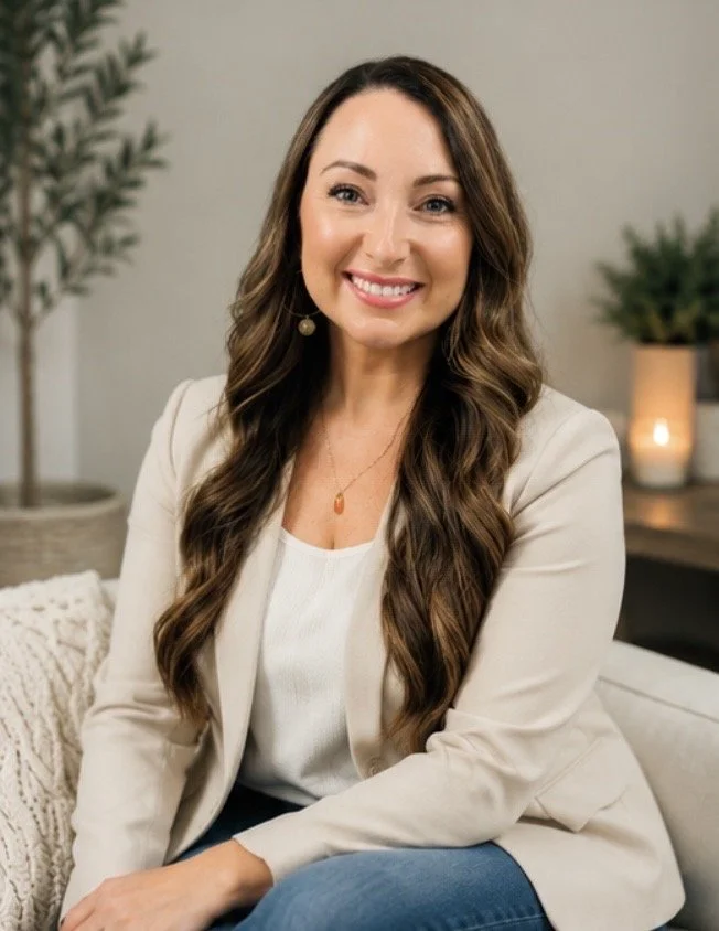 A woman with long brown wavy hair, smiling, sitting on a beige couch in a cozy living room, wearing a white top and a cream blazer, with plants and candles in the background.