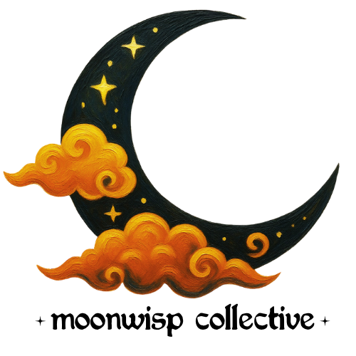 Black moon with golden clouds & stars, with moonwisp collective underneath