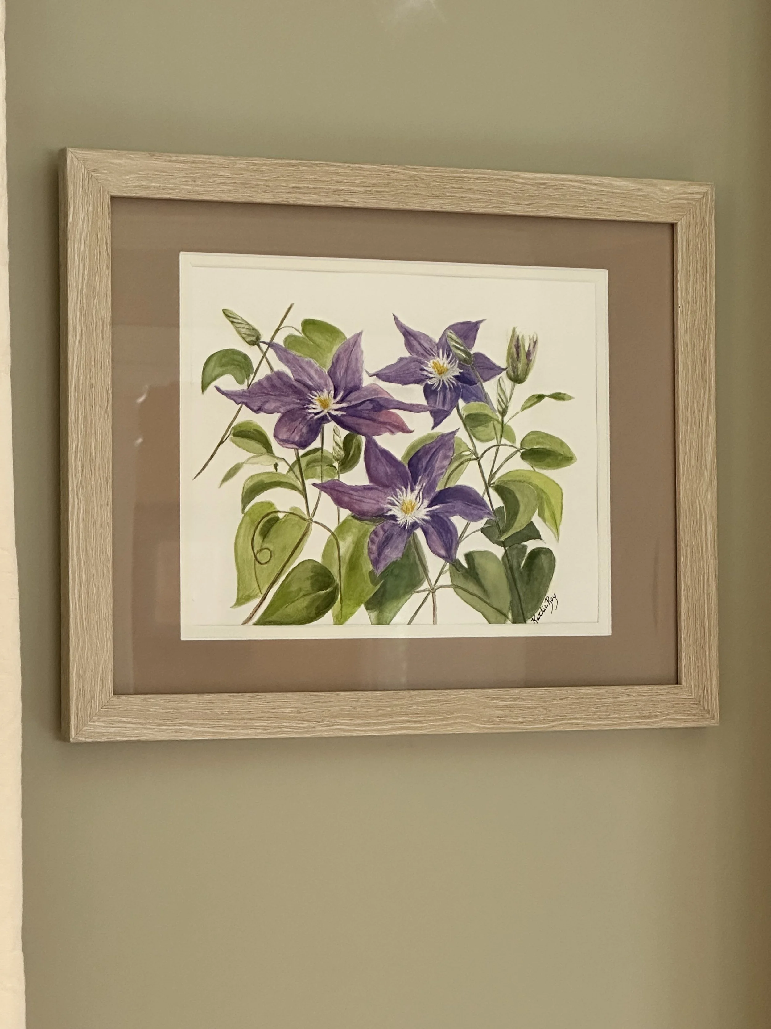Purple Clematis Original Watercolor painting 9 x 12, Framed