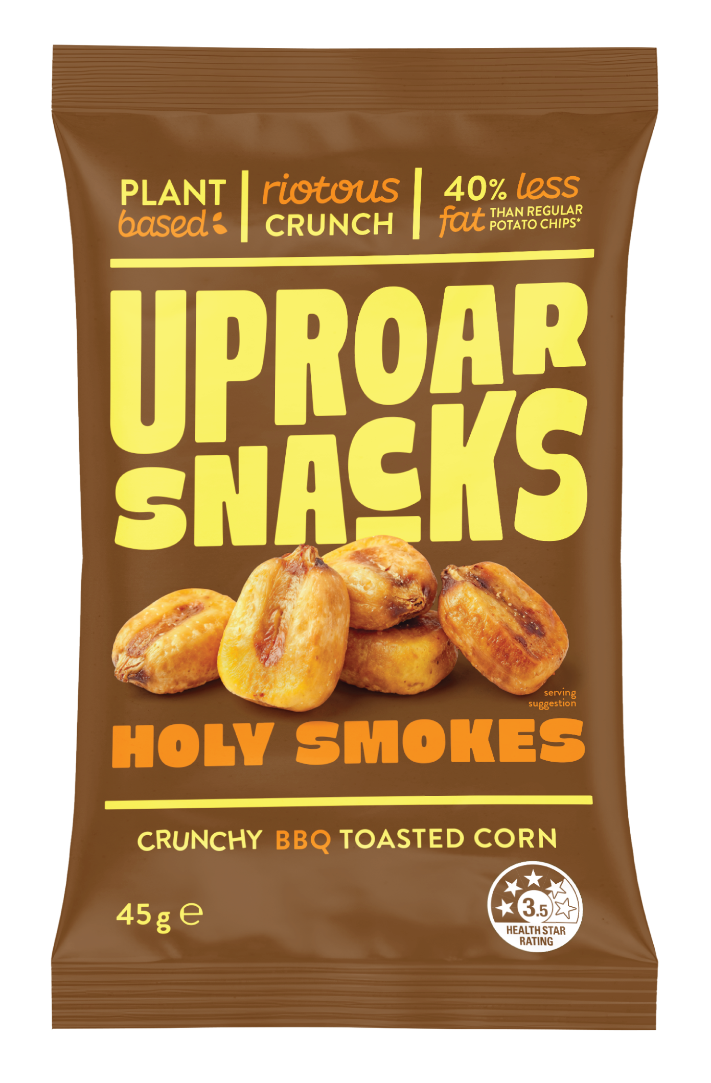 Front of a bag of Uproar Snacks Holy Smokes, plant-based spicy BBQ toasted corn chips, 45 grams, with images of toasted corn chips on the packaging, rating of 3.5 health stars.