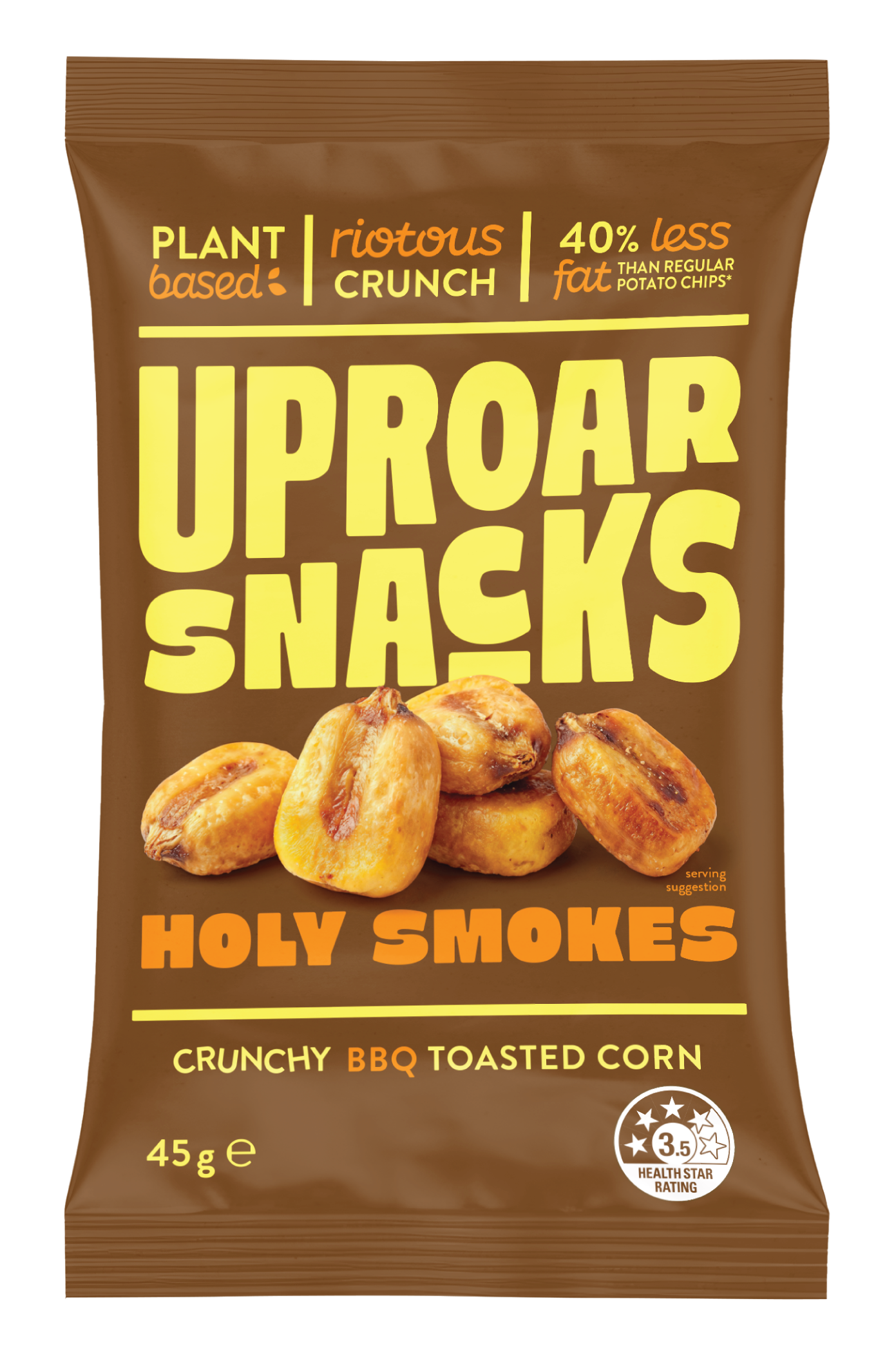 Front of a bag of Uproar Snacks Holy Smokes, plant-based spicy BBQ toasted corn chips, 45 grams, with images of toasted corn chips on the packaging, rating of 3.5 health stars.