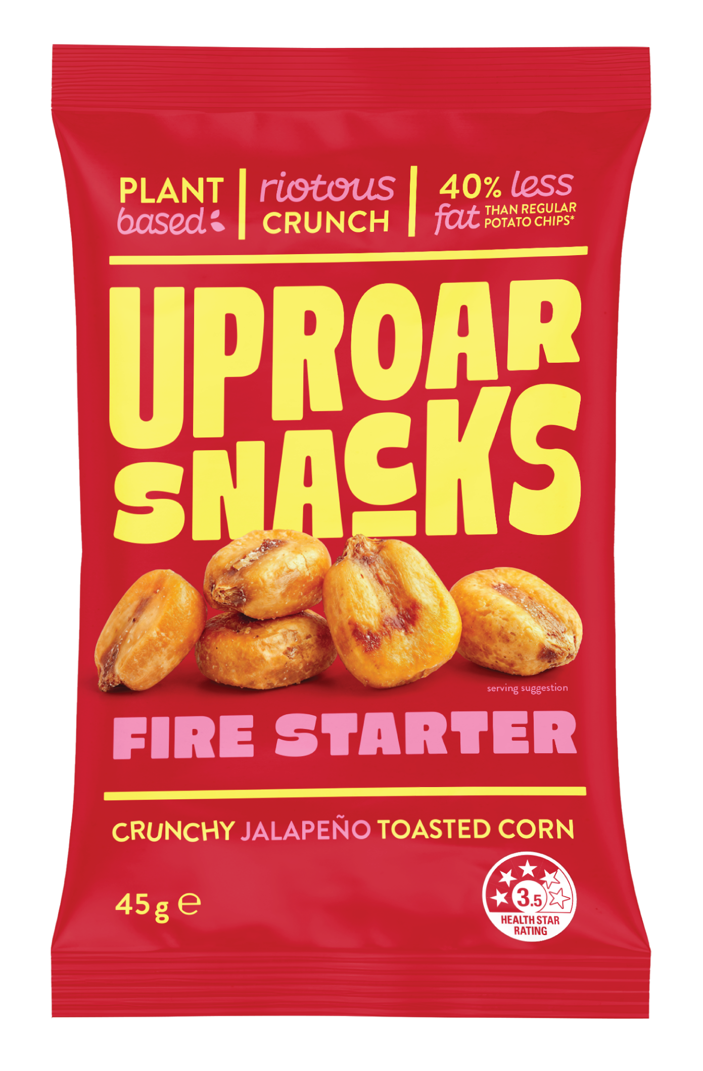 Red packet of plant-based crunchy jalapeño toasted corn snacks with an image of several corn snacks on the front.