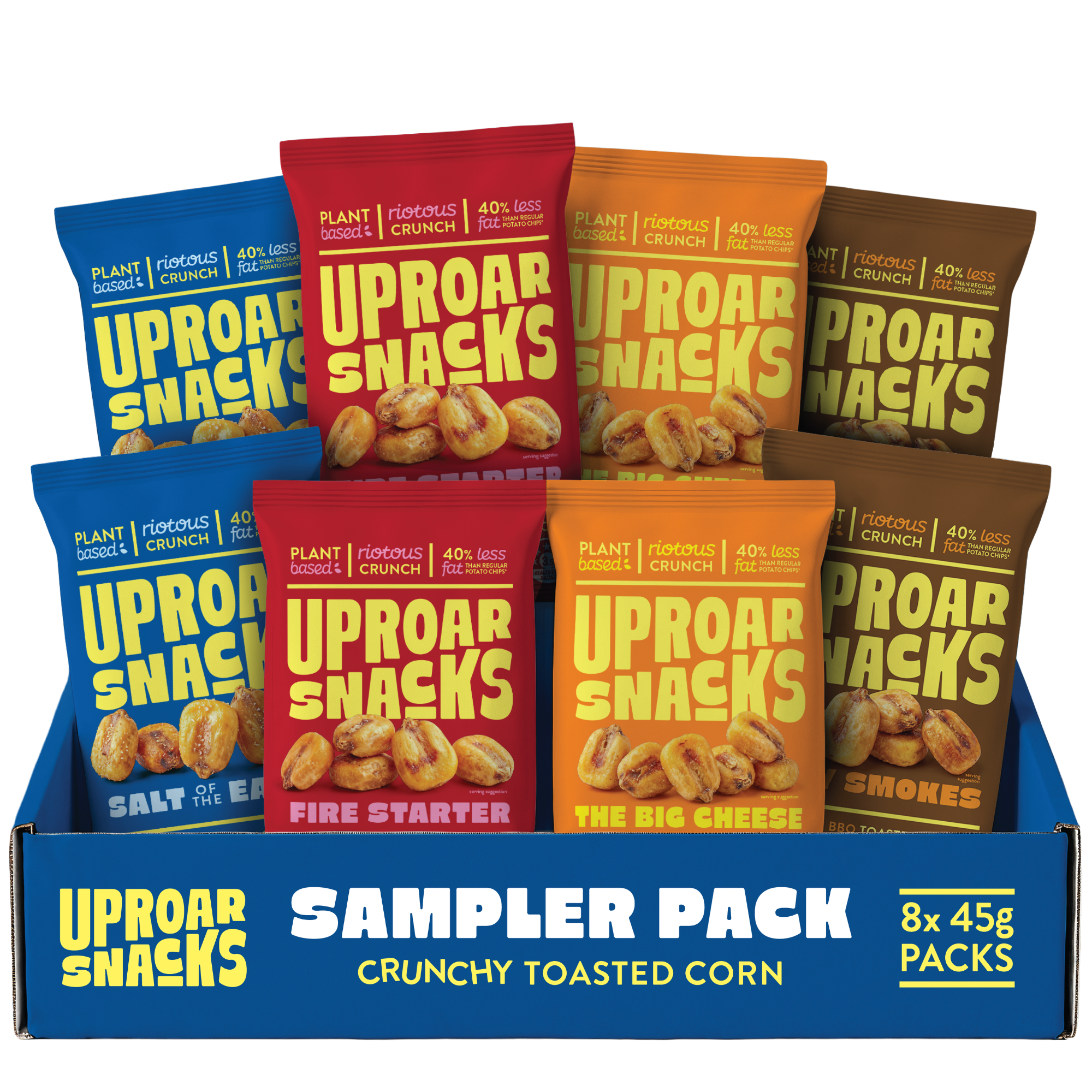 A sampler box of Uproar Snack bags with all four flavours including Salt of the Earth, Holy Smokes, The Big Cheese and Fire Starter.