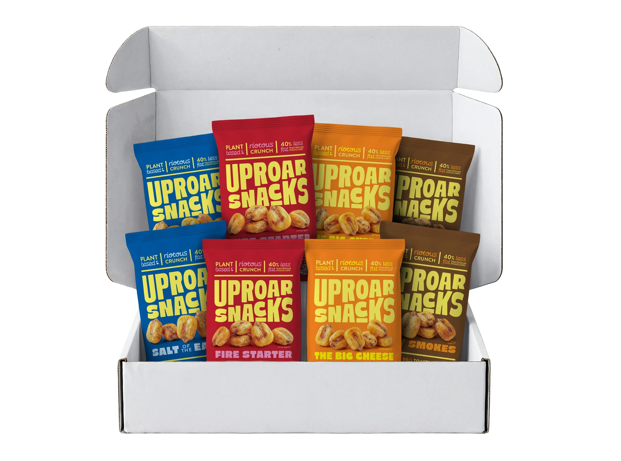 A white box containing multiple colorful snack bags labeled 'Uproar Snacks' with various flavors displayed.