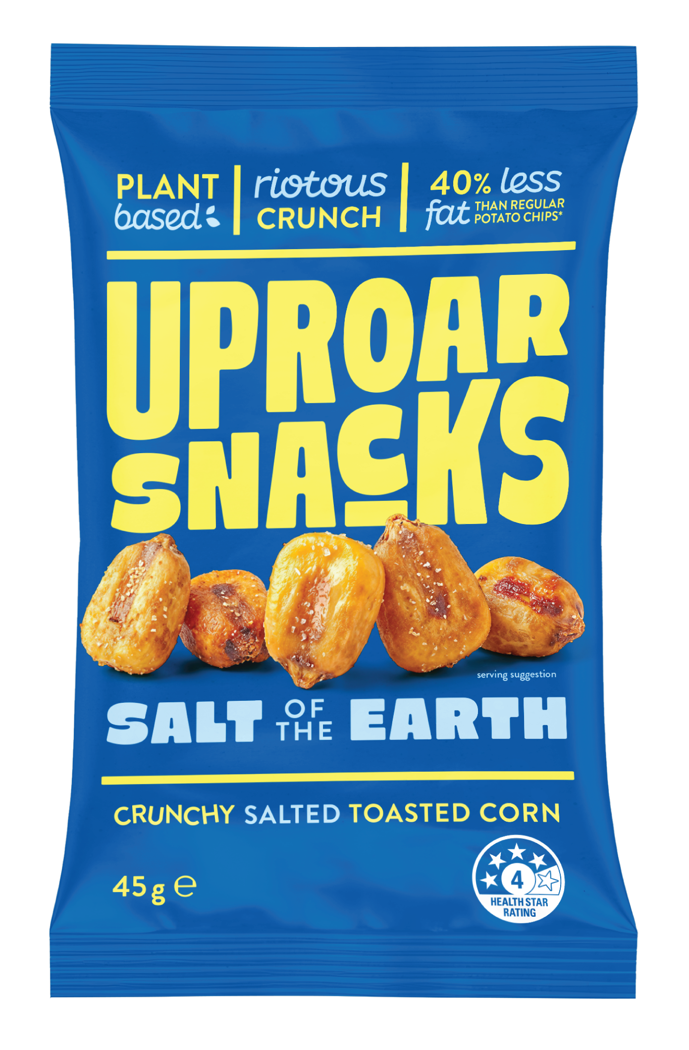 Packaging of plant-based Uproar Snacks, salt of the earth flavor, featuring images of salted toasted corn, with branding and nutritional information.