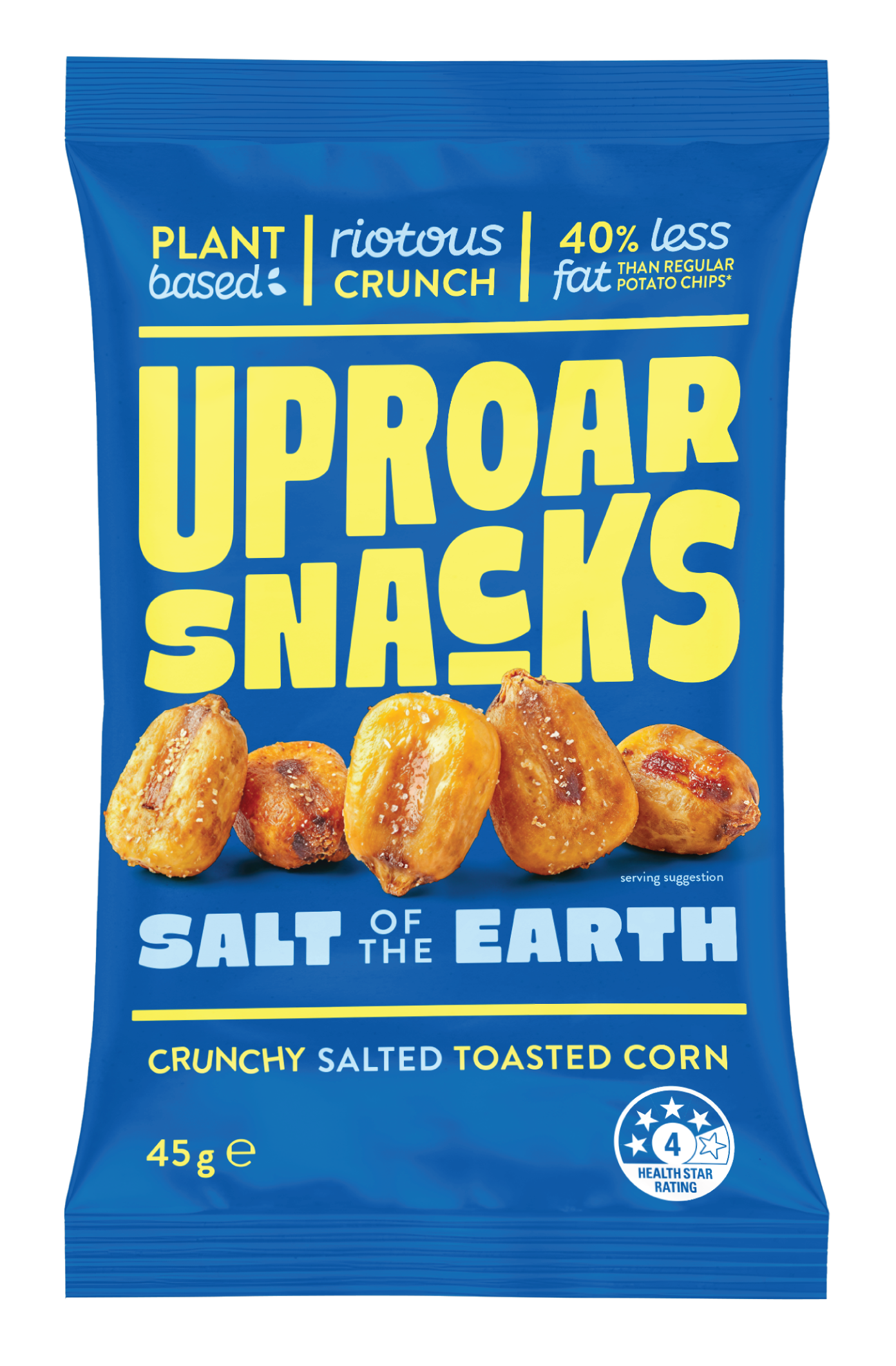 A bag of plant-based Uproar Snacks, salt of the earth flavor, featuring images of salted toasted corn, with branding and nutritional information.