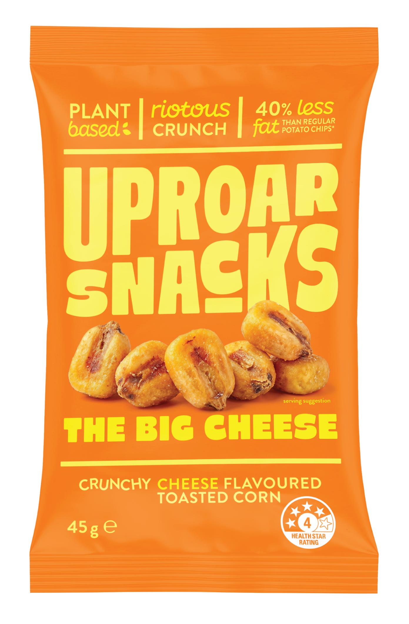 Orange bag of Upbeat Snacks, the Big Cheese, plant-based, crunchy cheese flavored toasted corn with 40% less fat, rated 4 stars by health star rating, contains 45 grams.