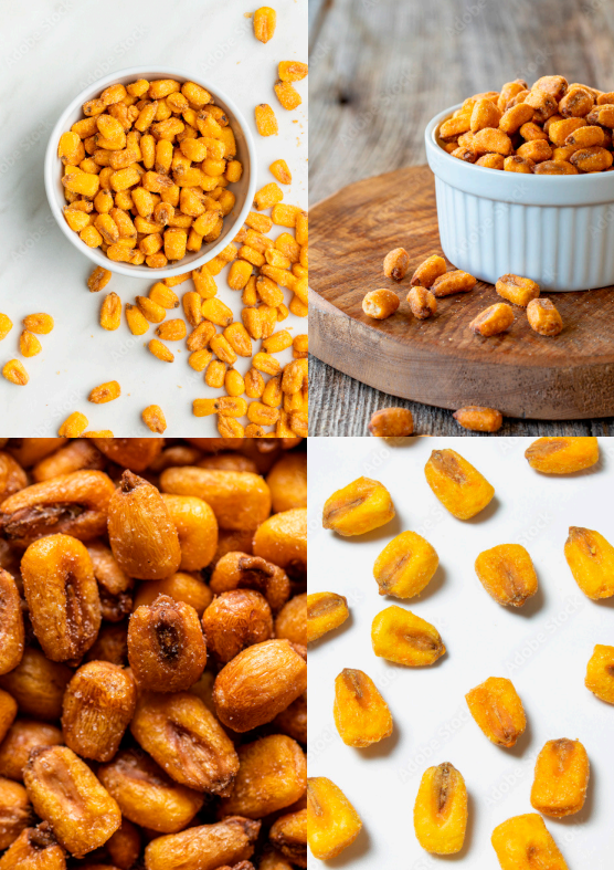 A collage of four images showing toasted corn nuts. The top-left image has a bowl of corn nuts on a white surface with some scattered around. The top-right image shows a bowl of corn nuts on a wooden cutting board. The bottom-left image is a close-up of roasted corn nuts, and the bottom-right image displays individual corn nuts on a white background.