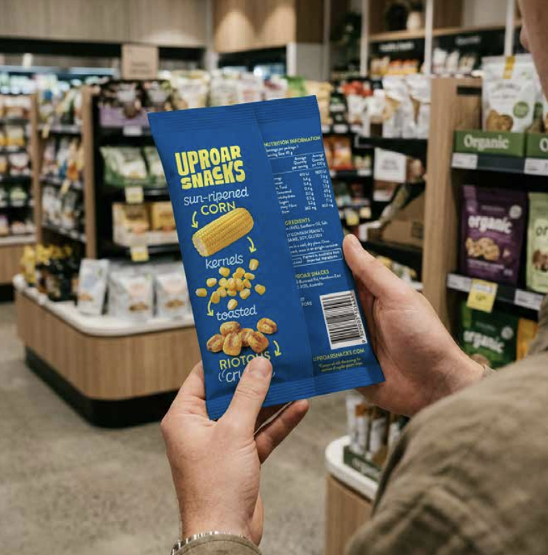 A person holding a blue snack box labeled 'Uproar Snacks' in a grocery store aisle.