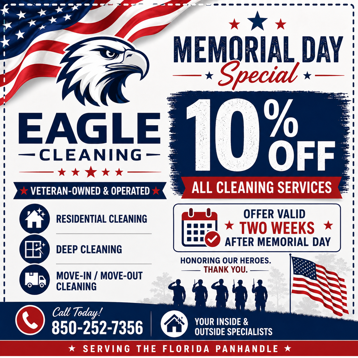 A patriotic-themed flyer for Eagle Cleaning, a veteran-owned cleaning service. Features an American flag wave, an eagle logo, and offers a 10% discount on all cleaning services for two weeks after Memorial Day. Services include residential cleaning, deep cleaning, and move-in/move-out cleaning. Contact number and emphasis on honoring heroes.
