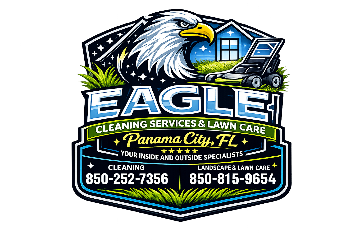 Logo for EAGLE Cleaning Services & Lawn Care in Panama City, FL, featuring an eagle, a window, a lawn mower, and contact information.