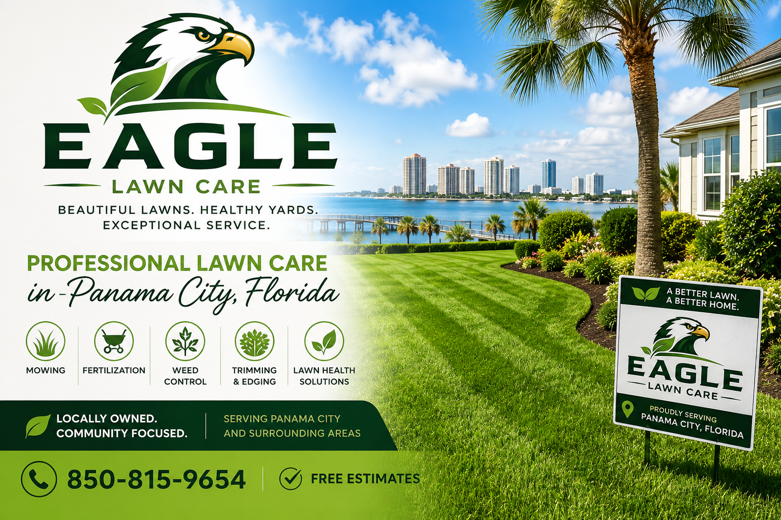Landscape view of a lawn care business advertisement featuring the logo of an eagle, with a city skyline, water, and palm trees in the background. The ad promotes Eagle Lawn Care in Panama City, Florida, highlighting services like mowing, fertilization, weed control, trimming, and lawn health solutions, along with contact information and a sign with the company's logo and location.