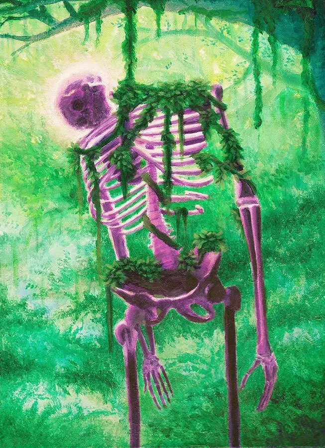 A colorful painting of a purple skeleton draped with green vines and leaves set in a lush green jungle.