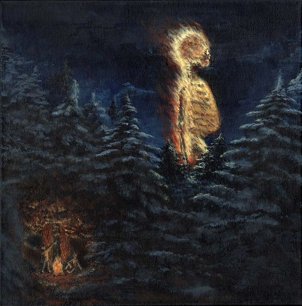 A painting of a large flaming skeleton figure with a fiery head, towering over a dark forest at night with tiny figures of people at a tiny campfire point up at the giant being.