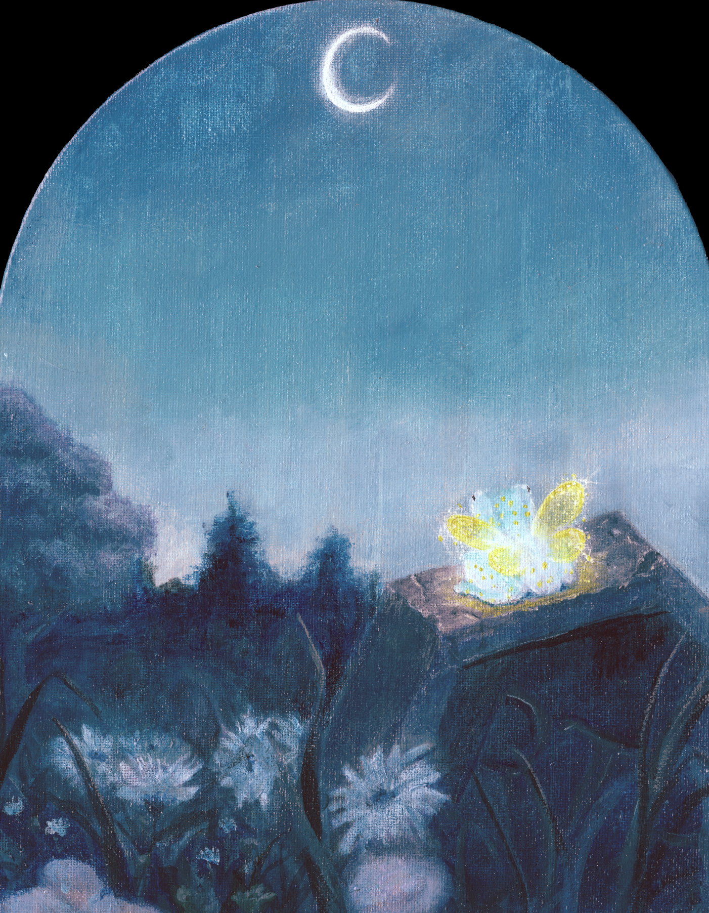 A painting of a night scene with a large moon and a blue frog with glowing yellow wings sitting on a headstone surrounded by flowers looking up at a crescent moon.