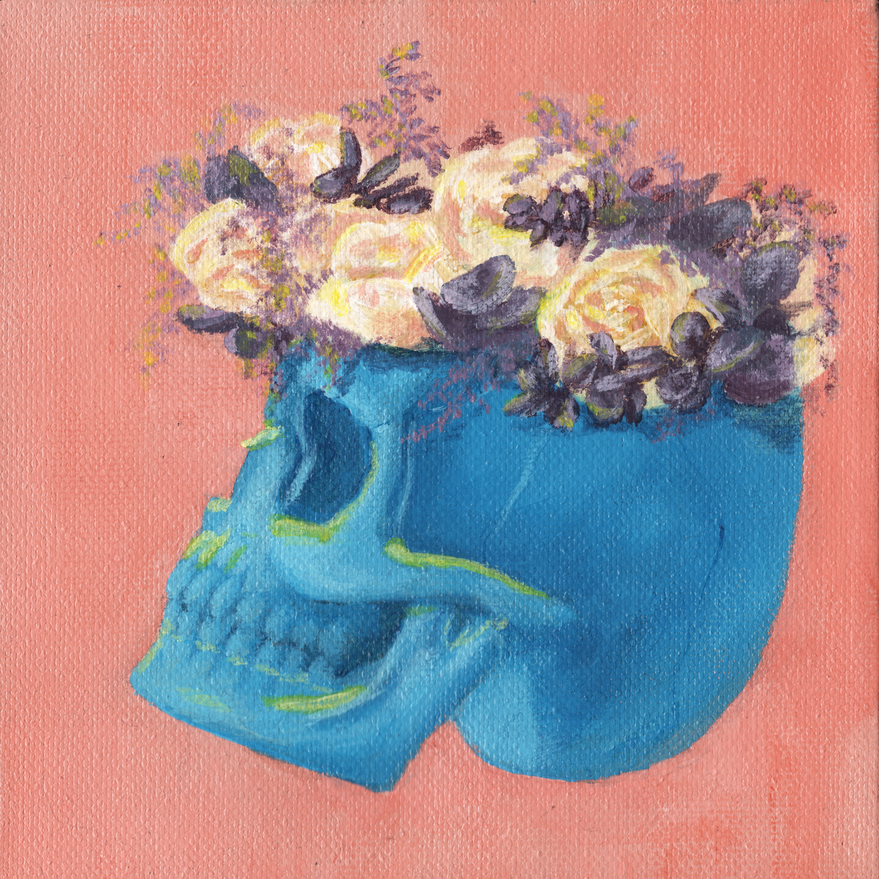 A still life painting of a flower crown of white roses and purple lavender flowers on a blue skull on a pink background.