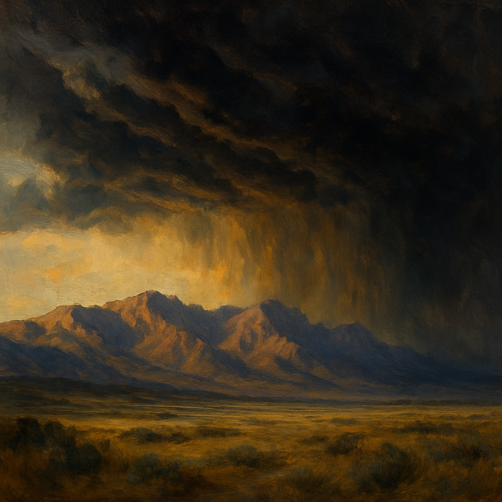 A painting of a mountain range under a dark, stormy sky with streaks of rain and dramatic, swirling clouds.