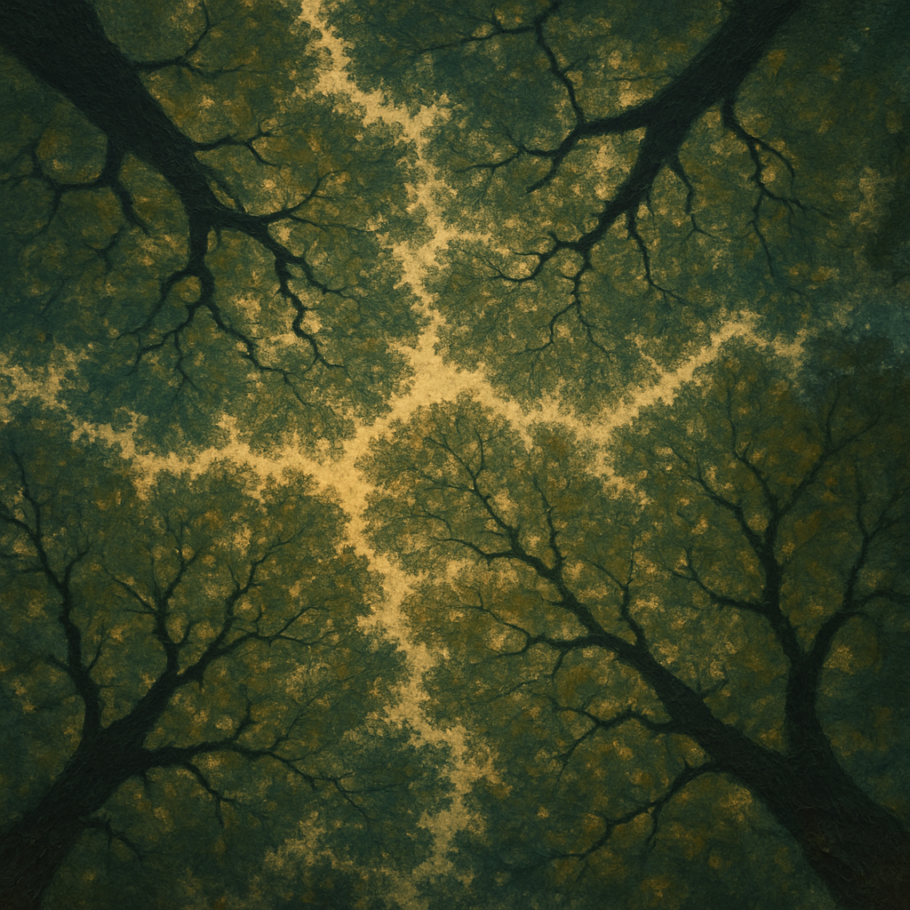 Looking up at tall trees with green foliage, forming a canopy against a light sky.