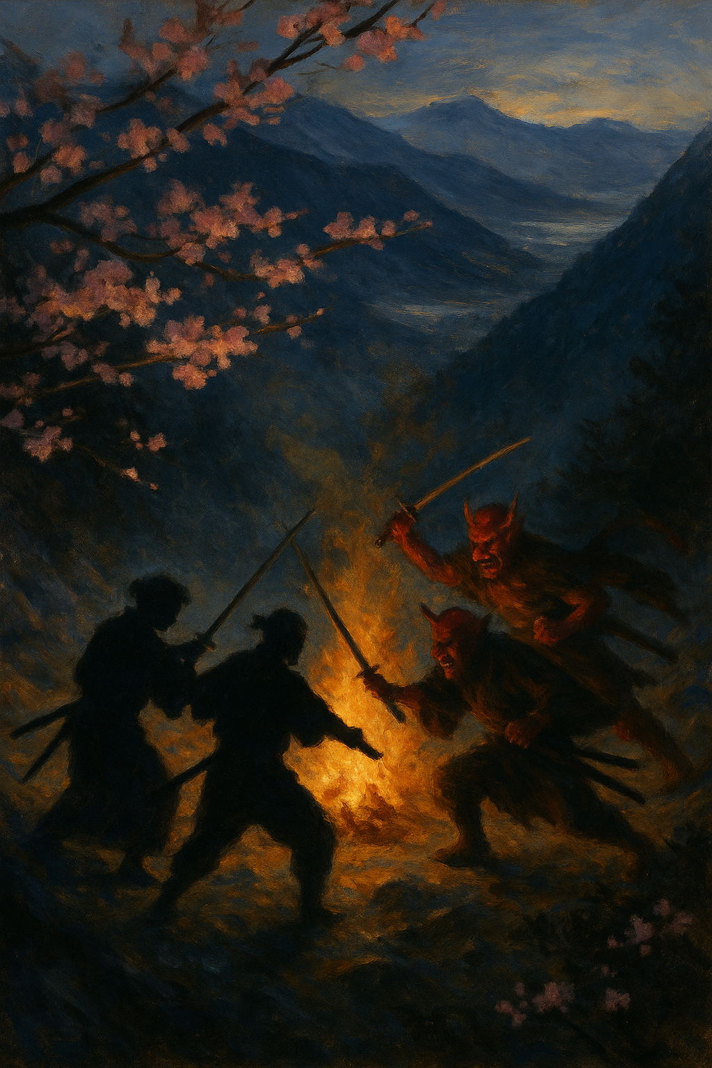 A painting depicting two silhouetted warriors fighting against two red demons near a campfire at night, with mountains and cherry blossom trees in the background.