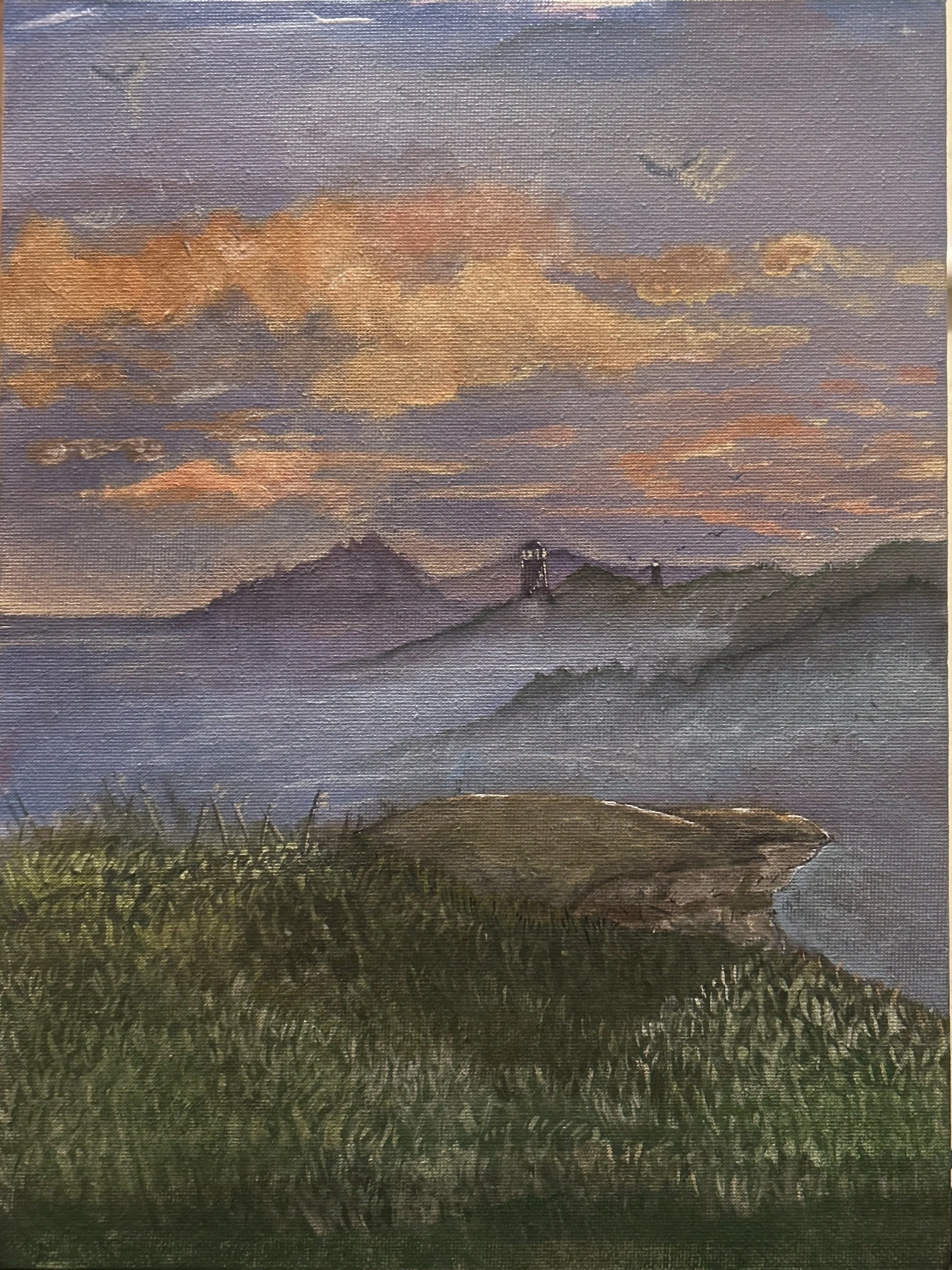 A painting of a sunset sky with orange and pink clouds, a mountain range in the distance, and a lighthouse on a hillside beside the water. Foreground includes green shrubbery and a rocky shoreline.