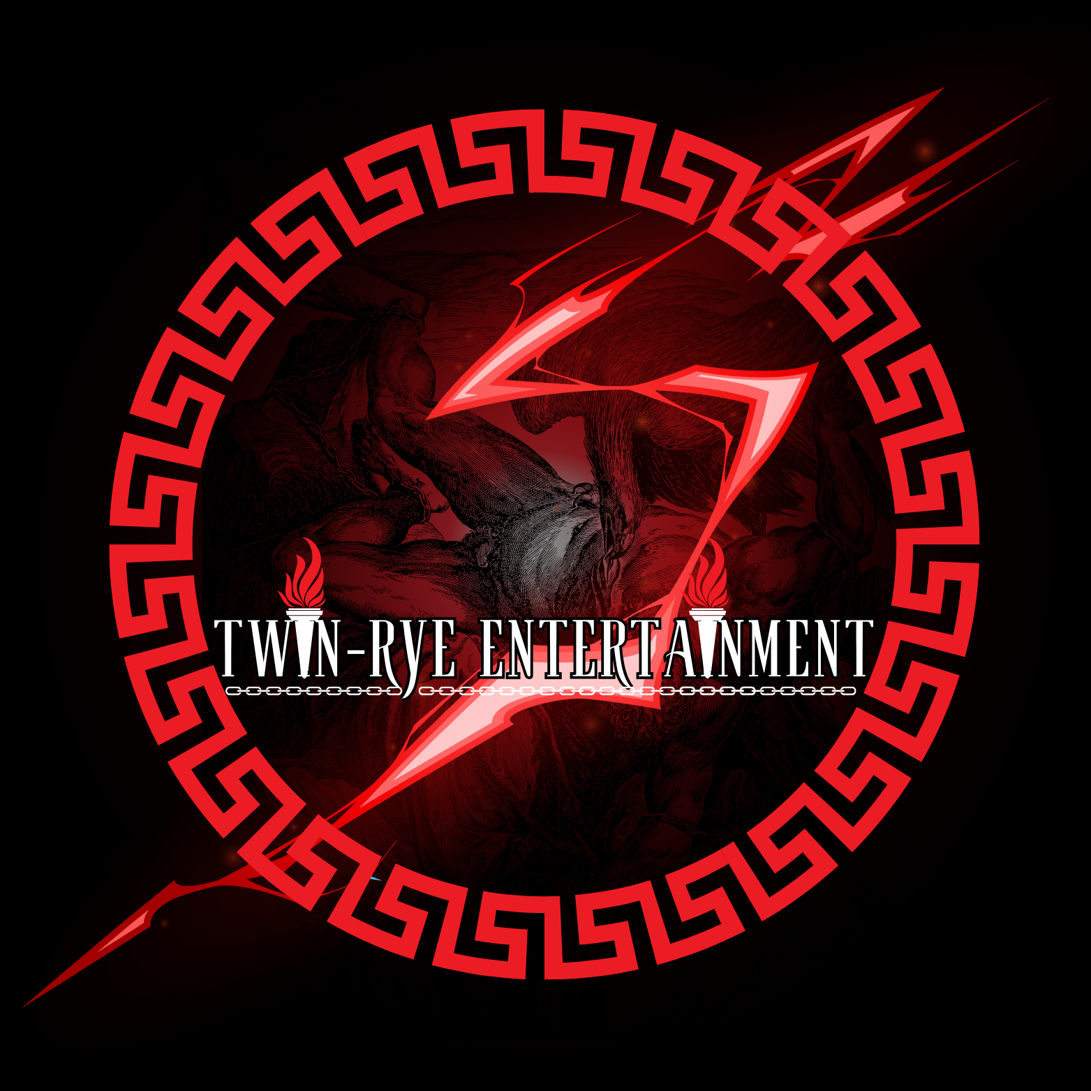 A dark-themed graphic featuring a red lightning bolt, a red circular border with a Greek key pattern, and the text 'TWIN-RYE ENTERTAINMENT' in white in the center