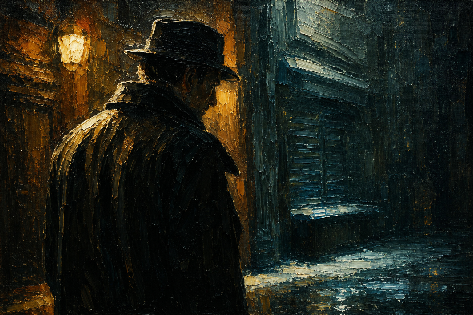 A person wearing a hat and coat, seen in profile, standing on a city street at night with dark, textured brushstrokes.