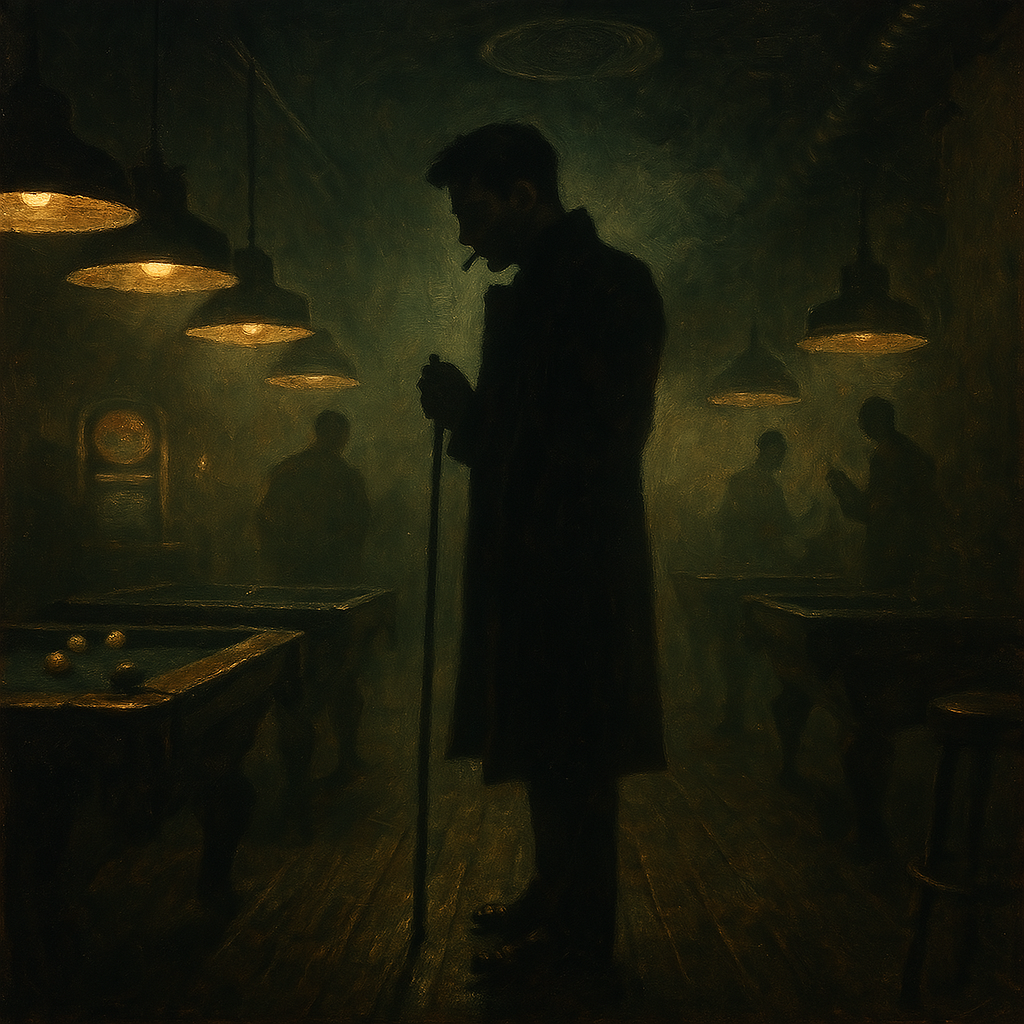 Silhouette of a man in a long coat with a cane, smoking, in a dimly lit room with hanging lights and other figures in the background playing pool.
