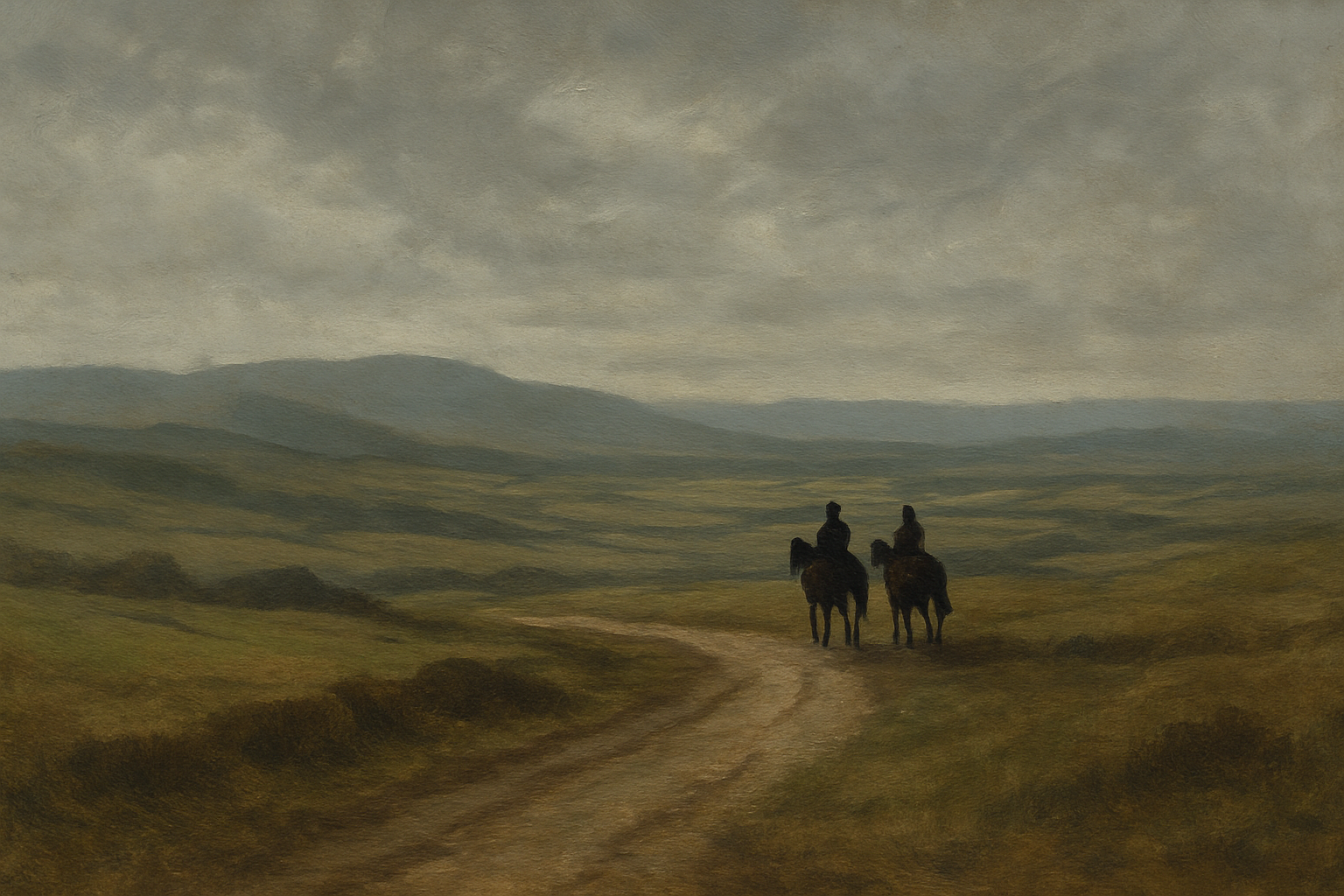 Two people riding horses on a dirt path through a vast, open landscape with rolling hills under an overcast sky.