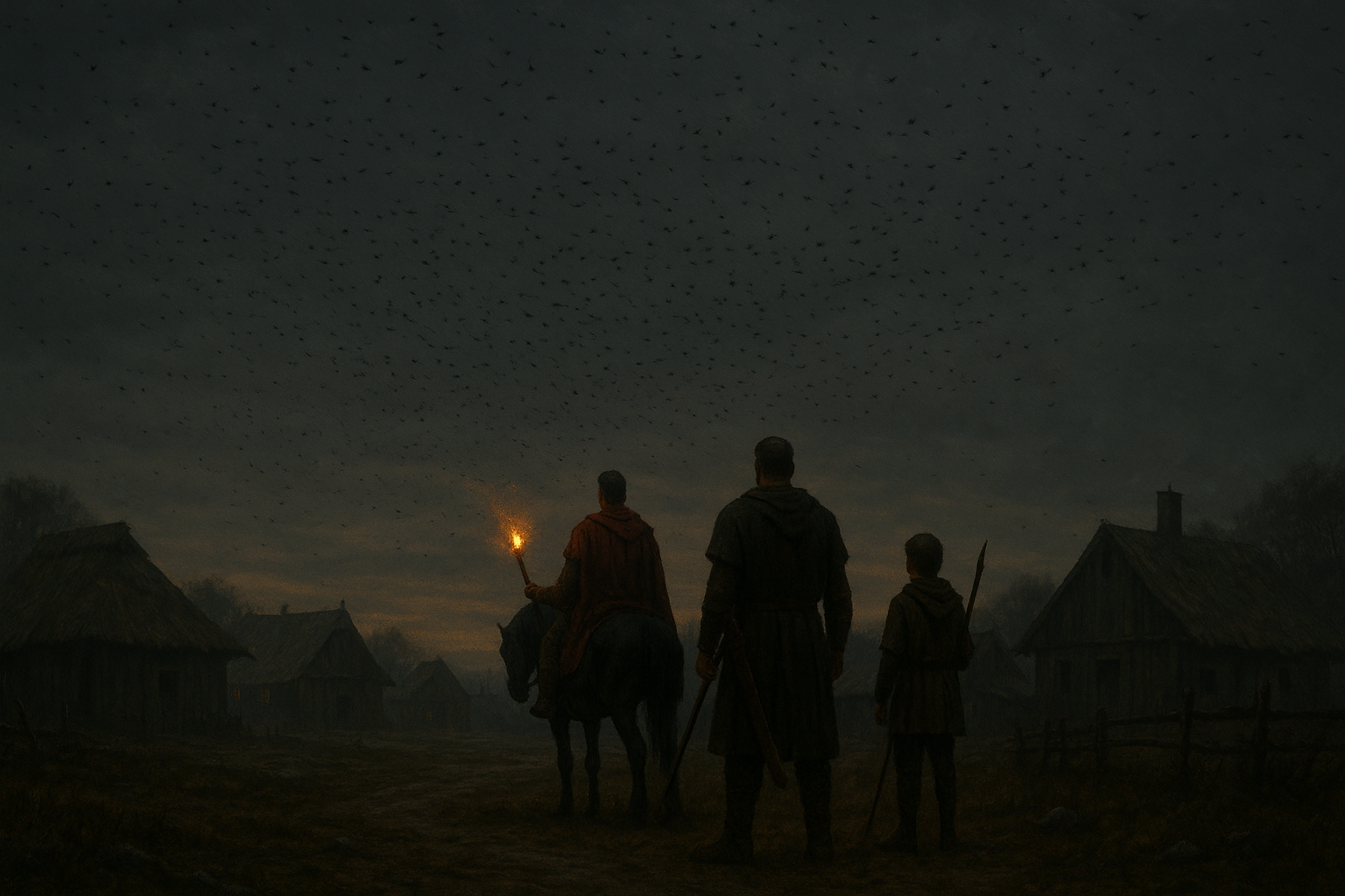 Three people observing a large flock of birds flying in the dark over a rural village at night, with one person on horseback holding a torch.