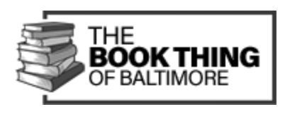 Logo for The Book Thing of Baltimore with a stack of books on the left and the organization name on the right.