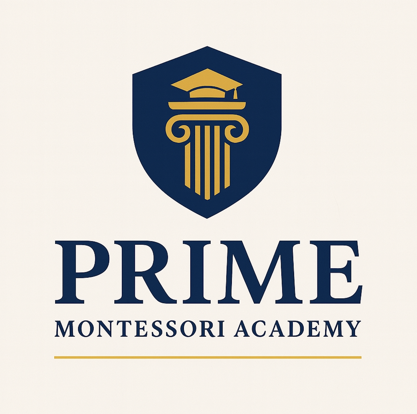 Logo of Prime Montessori Academy featuring a shield with a gold academic cap and a gold column, and the text 'PRIME MONTESSORI ACADEMY' beneath.