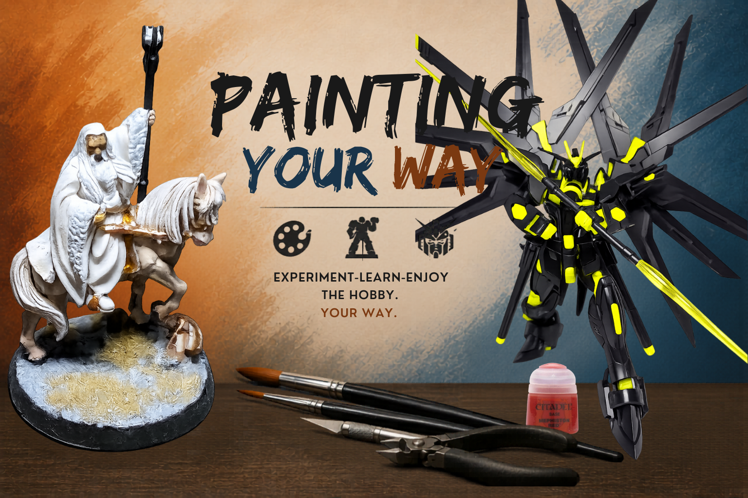 Orc miniature statue on a round base, next to three paintbrushes and a small bottle of red paint, with a text banner that reads "Painting Your Way" and icons symbolizing painting, model building, and customizing, alongside a highly detailed black and yellow robotic model with multiple wings and a spear.