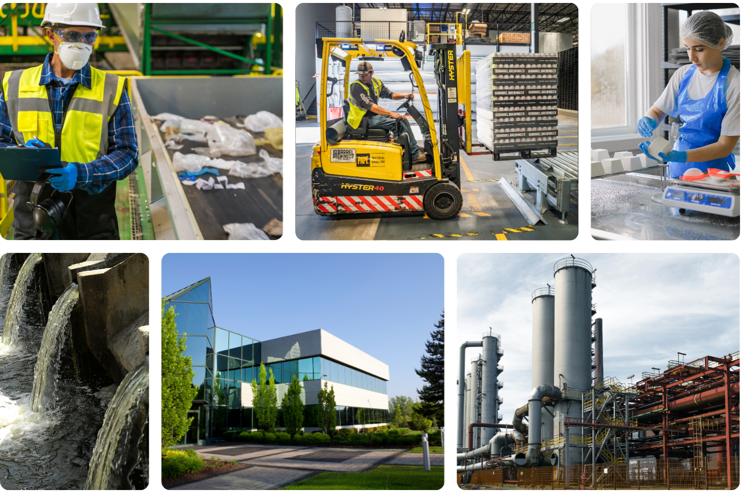 Compilation of industrial and manufacturing scenes including a worker inspecting waste materials, a forklift operator moving pallets, a woman packaging products, water flowing from a factory, a modern office building, and an industrial plant with large tanks.